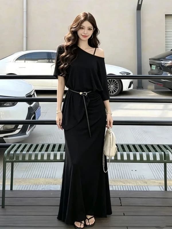 Lightweight Slim Fit Asymmetrical Blouse And Midi Skirt Set Women's Fashion Summer New Arrival Two-Piece Set High Waist Long ...