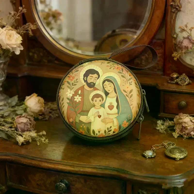 Borsa Porta Rosario in Ferro Battuto con Cerniera, Scatola Rotonda Elegante per Gioielli e Collane, e Portamonete per Articoli Religiosi