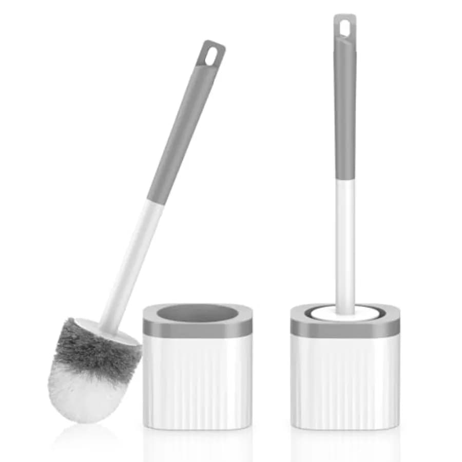 Set Compatto di Spazzola e Porta Spazzola per WC con Setole in Nylon, Confezione da 2, per Pulizia Profonda del Bagno, Grigio e Bianco, Piccolo Scrubber Nascosto