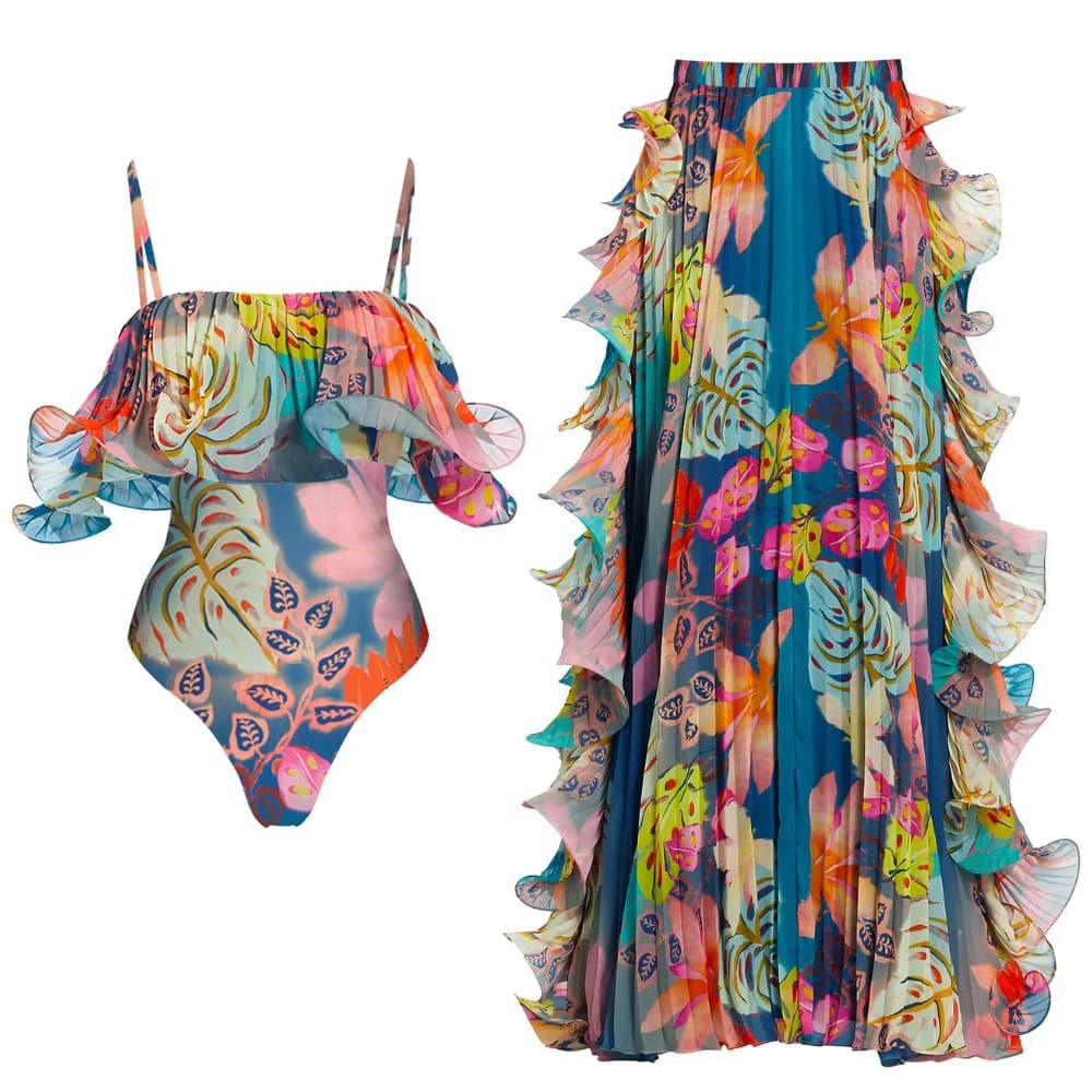 FLAXMAKER Full Bathroom Costume Printed With Flowers And Women's skirt Luxury beach swimsuit
