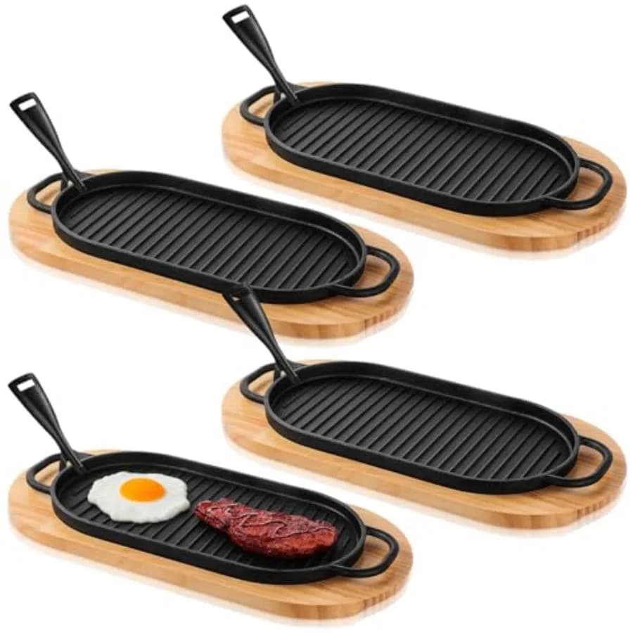 Set of 4 cast iron pans for fajitas, steak dish with wooden base and removable handle, cast iron pan for grilling and frying