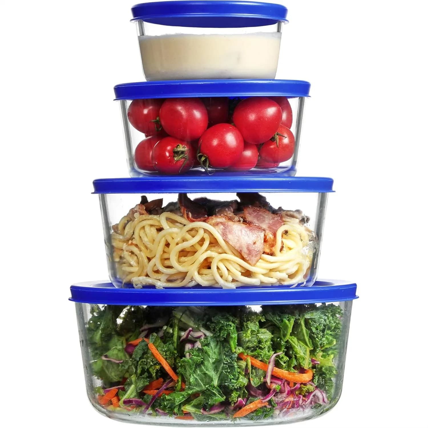 Set di 4 Ciotole in Vetro con Coperchi, Contenitori per Preparazione Pasti e Avanzi, da 1, 2, 4, 7 Tazze, Contenitori Impilabili per Alimenti