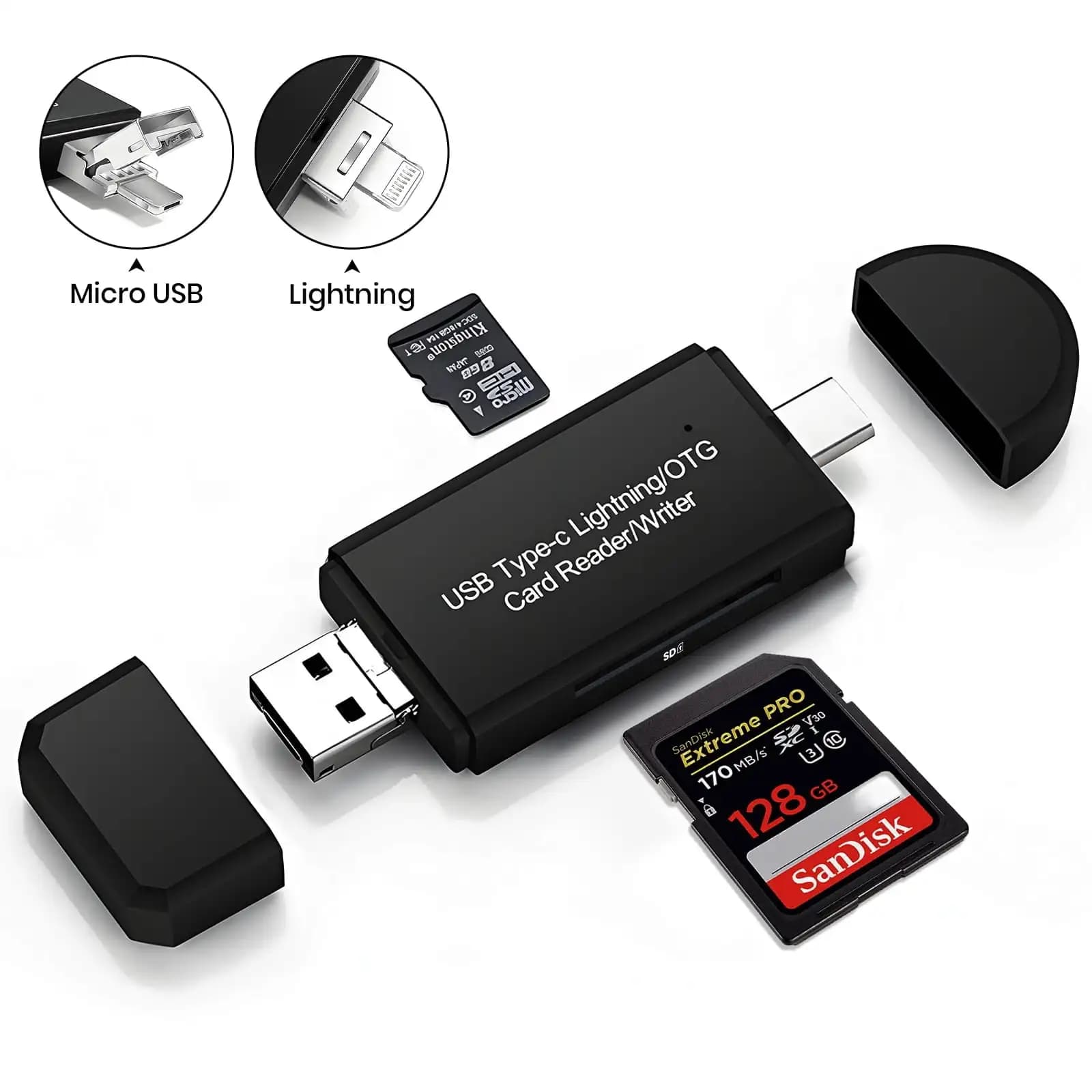 Lettore di schede SD per iPhone iPad PC, adattatore per schede di memoria 4 in 1 con Lightning/USB C/USB/Micro USB, supporta schede SD/TF