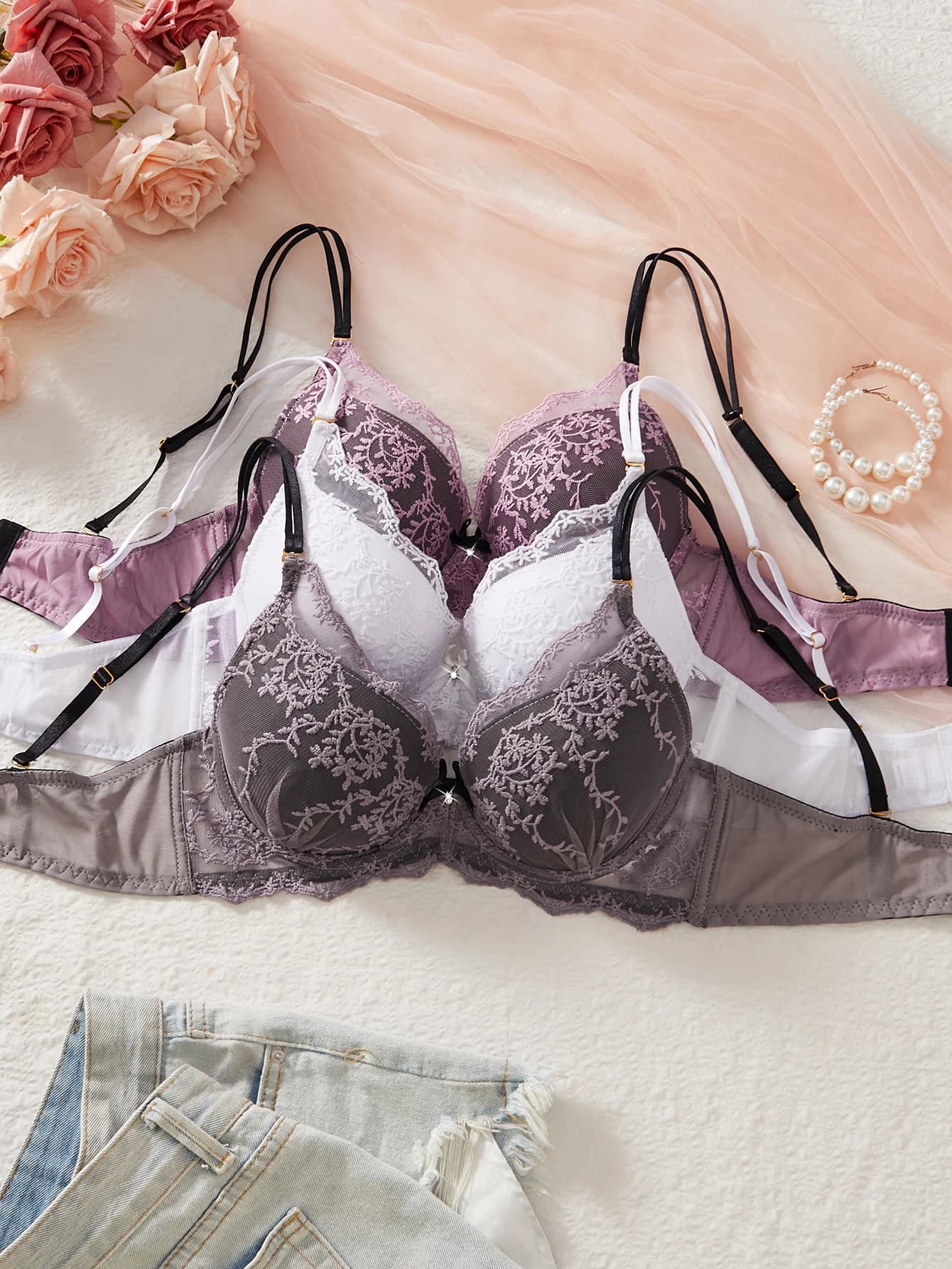 3PCS Women Floral Lace Bra Set Mesh Spliced Embroidery Push Up Bra Double Straps Underwire Support Daily Sexy Lingerie