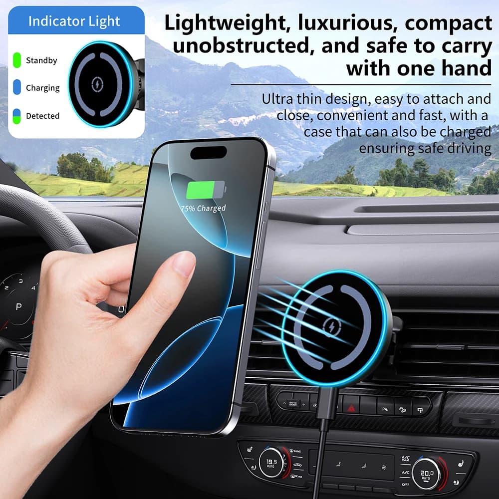 Caricatore Wireless Magnetico per Auto con Luce LED e Supporto Telefono da Bocchetta d'Aria per iPhone 17 16 15 14 13 12 Pro Max - Stazione di Ricarica Rapida