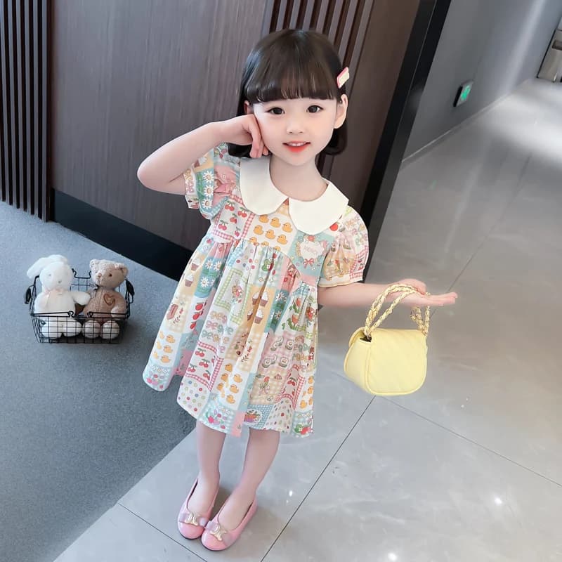 Grazioso vestito da principessa per bambine, manica corta, nuovo stile estivo, alla moda, con stampa di cartoni animati, vestito per bambina 2023
