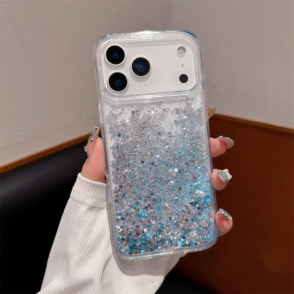 Custodia Bling Quicksand per iPhone 17 16 Pro Max Shell Glitter Gloss Argento Blu Paillettes in movimento Silicone Anti-caduta Custodia rigida