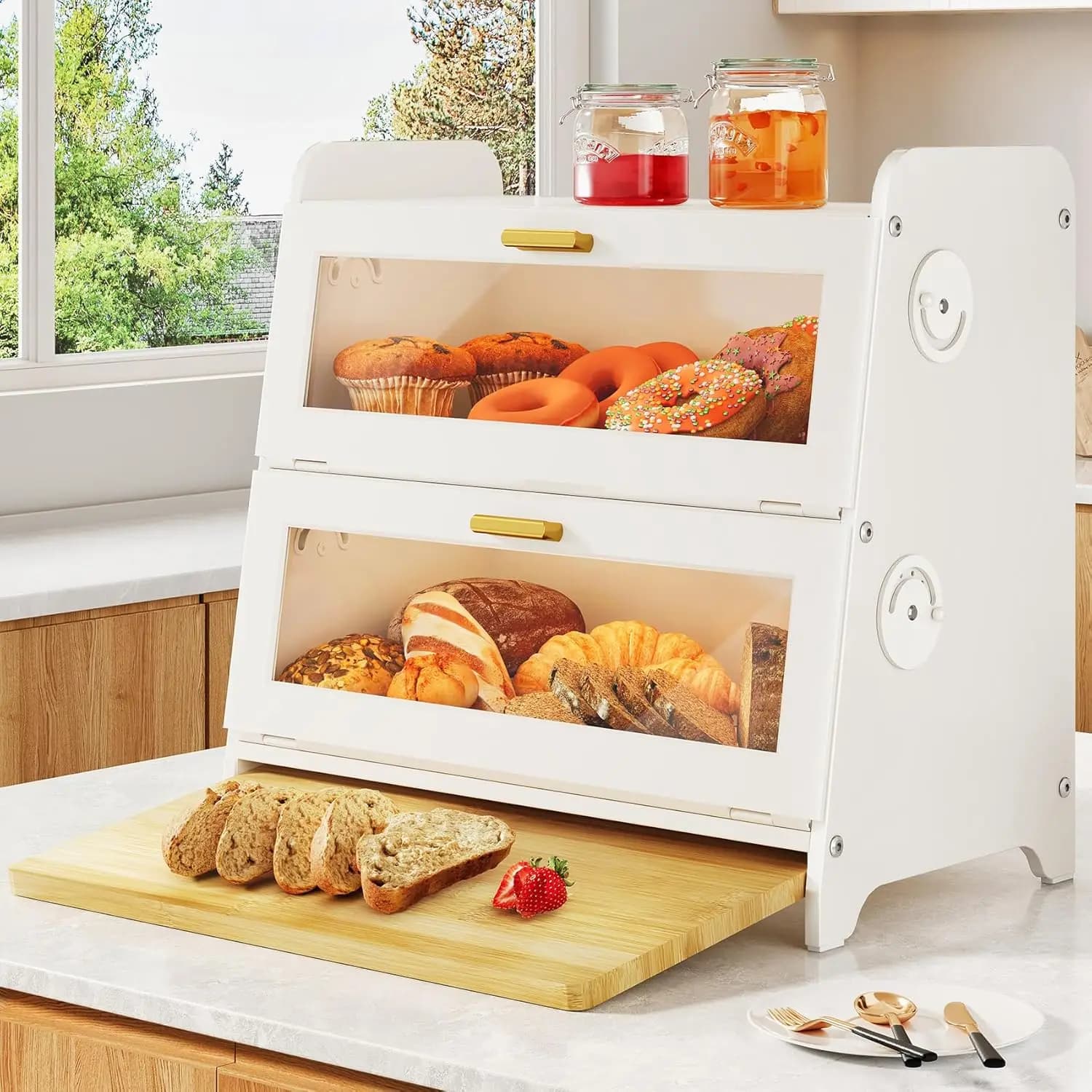 Contenitore per Pane Bianco con Fori di Ventilazione Regolabili e Tagliere in Bambù per Piano Cucina