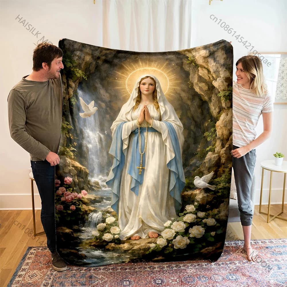 Coperta con stampa della Vergine Maria con piccioni, calda, morbida e soffice, per bambini e adulti, per divano, letto, viaggi all'aperto, campeggio, camper