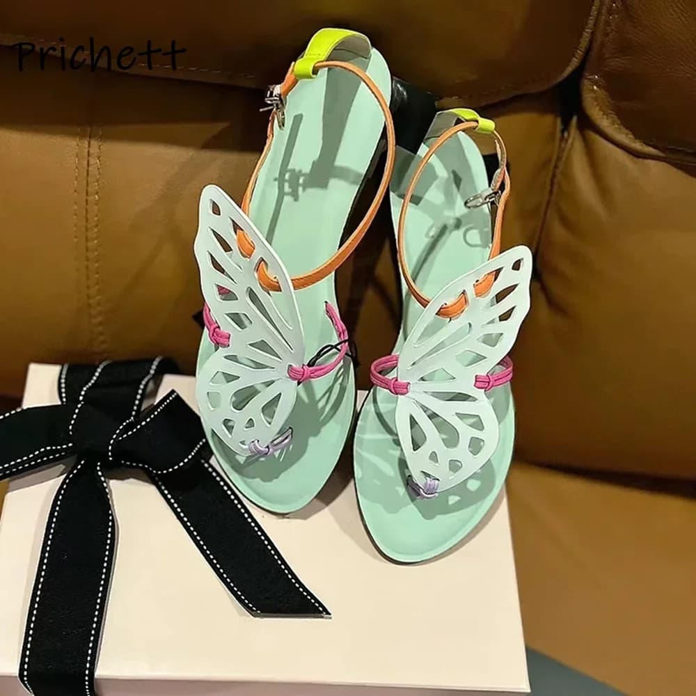 Sandali cavi a farfalla Infradito patchwork Fascia alla caviglia Punta tonda piatta con scarpe con fibbia Scarpe eleganti alla moda estiva da donna