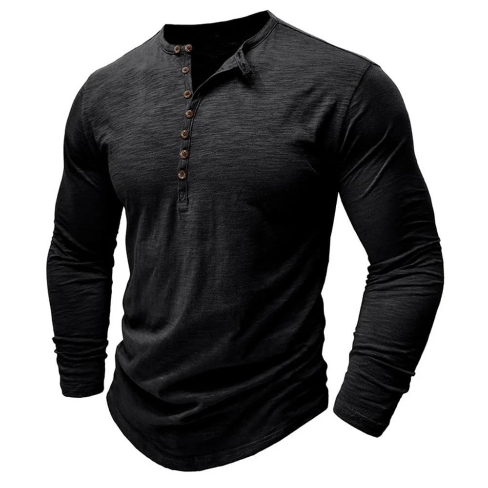 Men's Long Sleeve Henley Shirt Solid Color Cotton Breathable Classic Casual Tops Male Spring Button Stylish Top Streetwear
