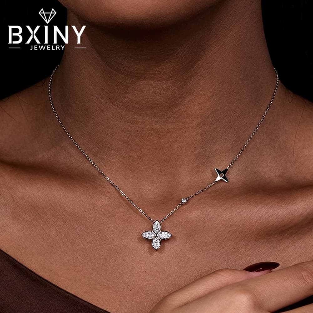 BXINY Leaf Clover All Moissanite Necklace Pure S925 Silver For Women Lab Diamond Pendant Chain Daily Wear Fine Jewelry Gifts GRA