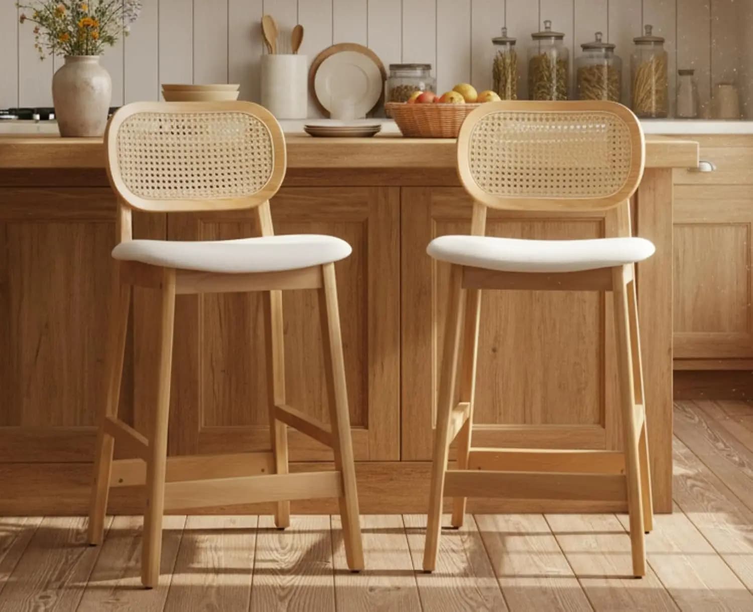 Sgabelli da Bar in Rattan Altezza Bancone 2 Pezzi Schienale in Canna Stile Boho Sedie per Isola Cucina Pub Casa Beige in Lino, Personalizzabili