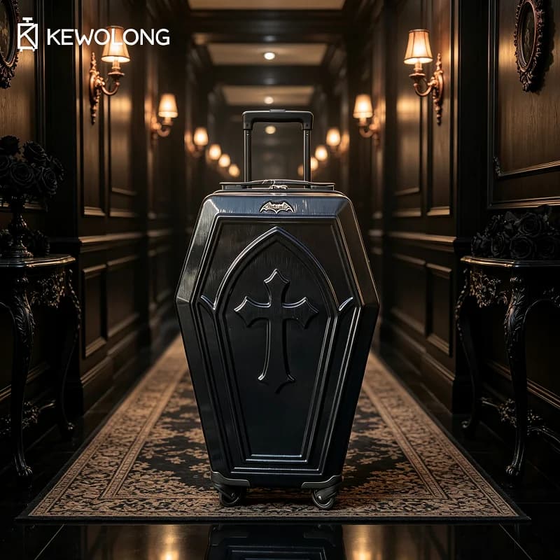 Gothic Coffin Design Rolling Suitcase 20in Hard Shell Luggage, 3D Embossed Cross & Bat Badge Punk Travel Trolley Case