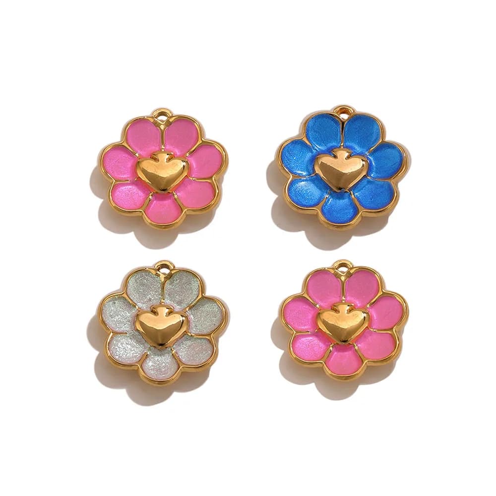 2pcs Stainless Steel Enamel Flower Heart Charms 18K PVD Gold Woman Boho Pendant DIY Necklace Earrings Jewelry Making Accessories