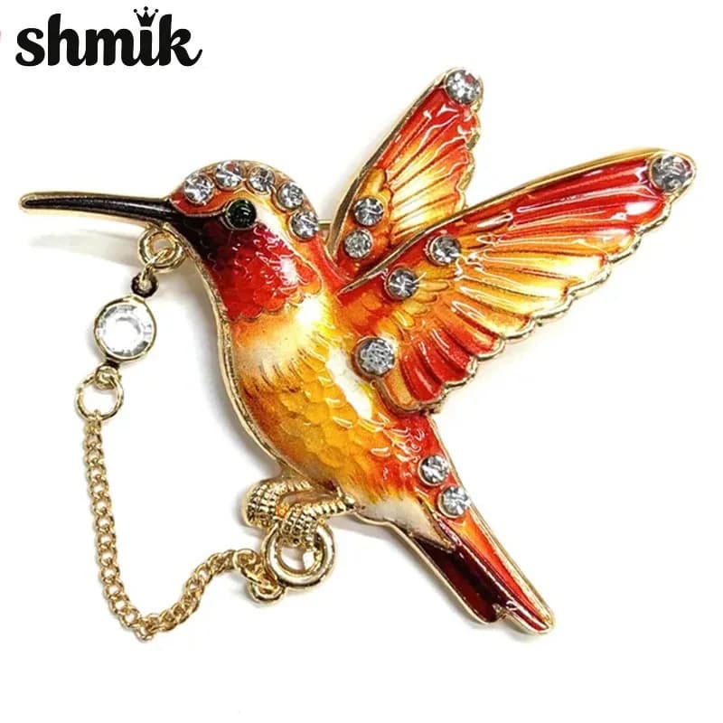 Retro Enamel Hummingbird Brooch with Dangling Crystal Chain, Sparkly Rhinestone Bird Pin for Scarf Coat