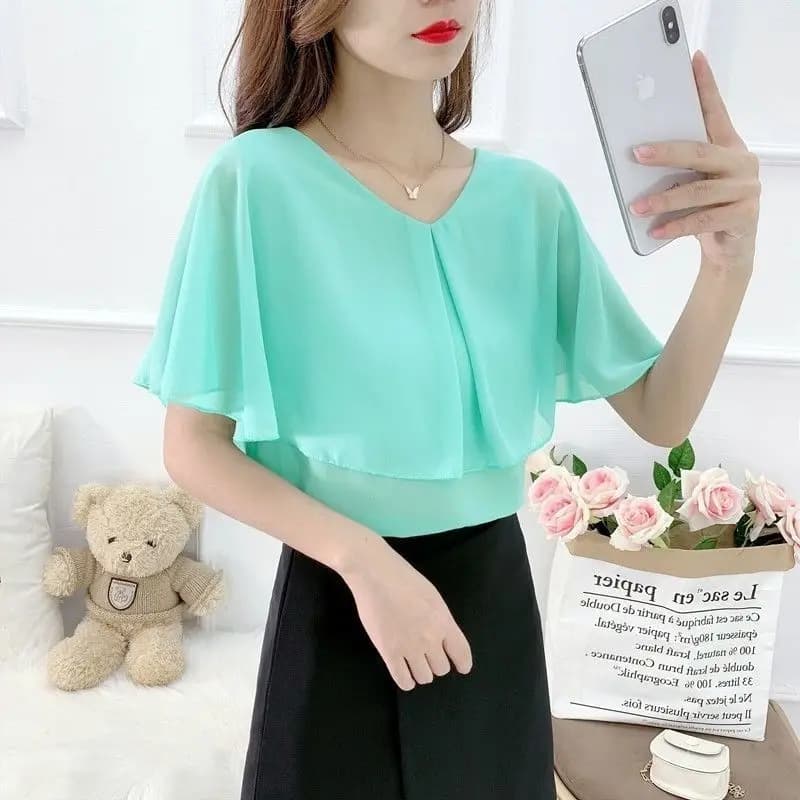 2023 nuova tendenza moda estiva pendolarismo minimalista scollo a v bordo arruffato temperamento elegante camicia Versatile fresca tinta unita