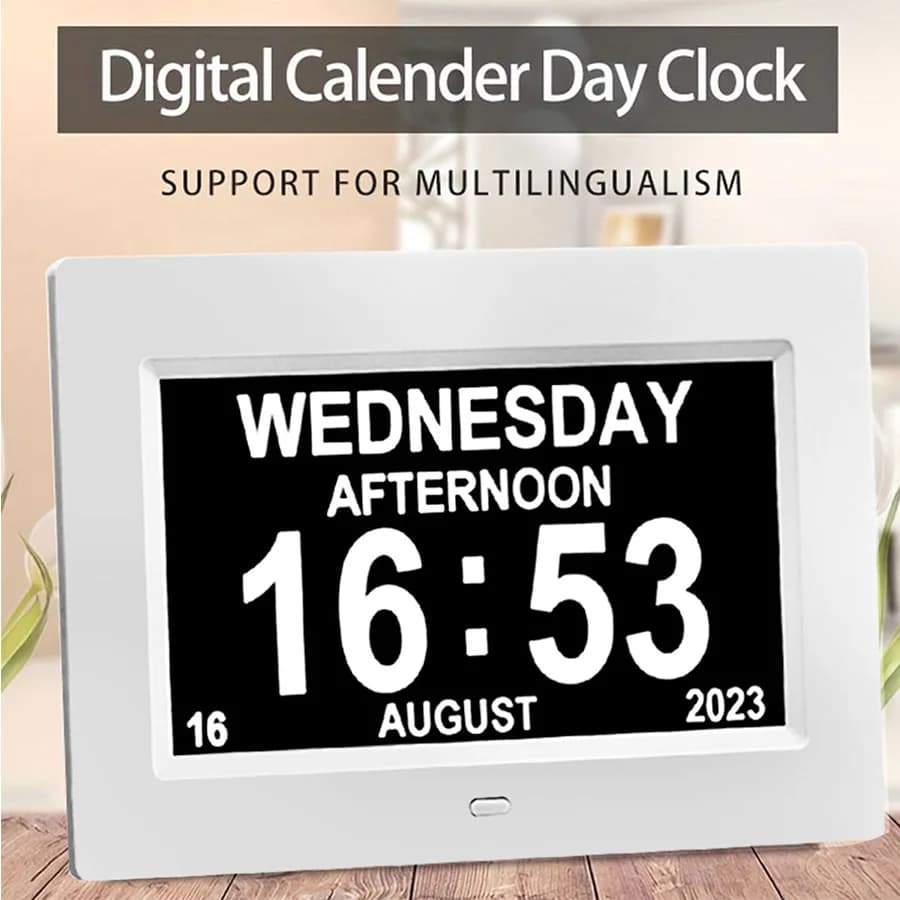 Sveglia con calendario digitale da 7 pollici con 4 opzioni di allarme e 10 lingue, lettore multimediale con cornice per foto, orologio con alzheimer di grande demenza