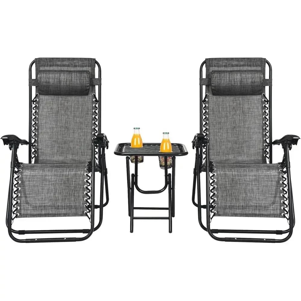 3-Piece Zero Gravity Reclining Patio Chairs Set with Side Tables and Pillows for Outdoor, Garden, or Travel Use