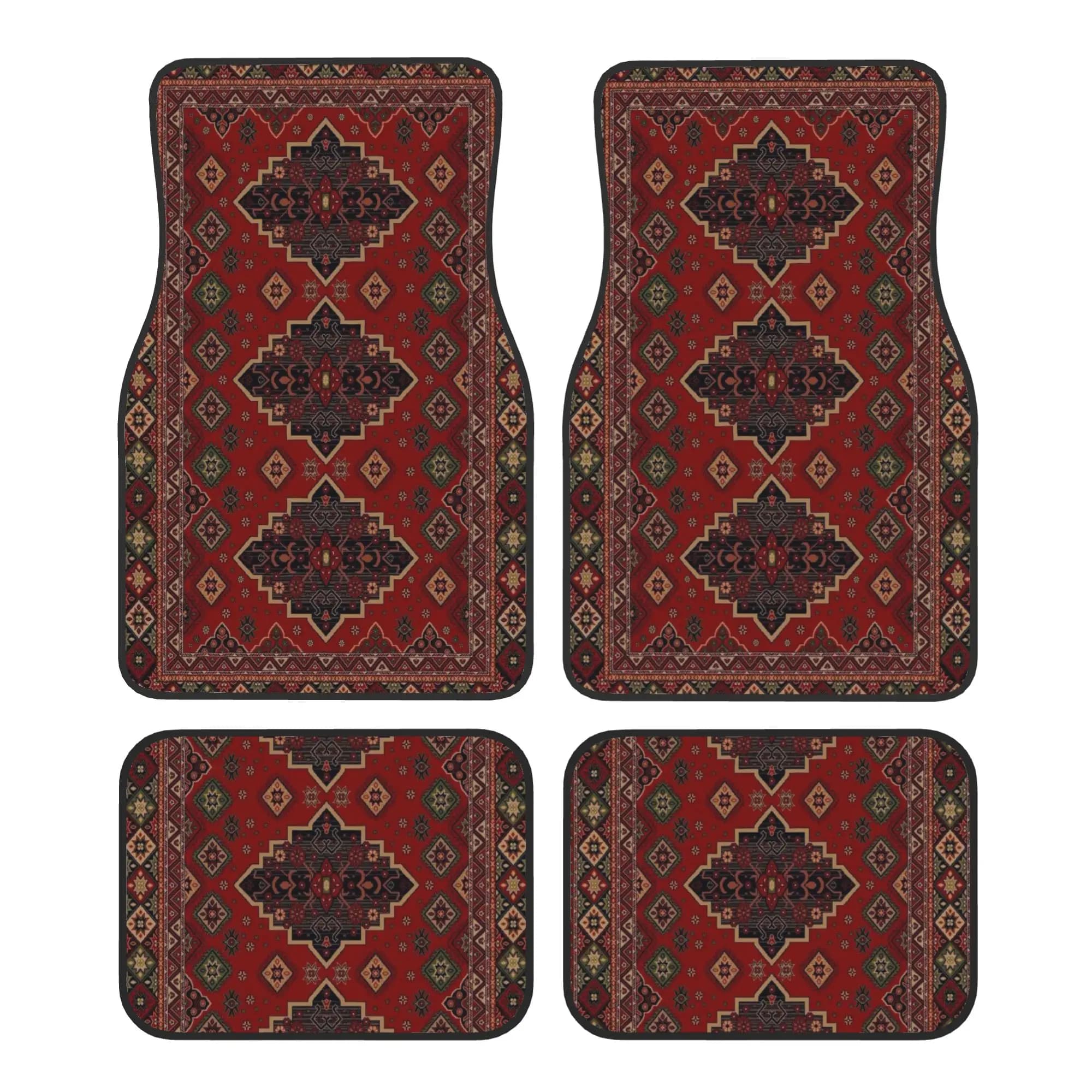 Antique Persian Red Rug Tribal Carpet Print Car Floor Mats of 4 Pieces Crystal Velvet Universal Car Front Rear Carpets Foot Mats