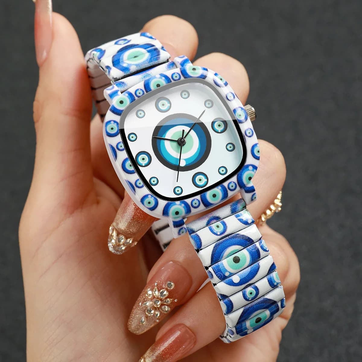 Fashion Blue Evil Eye Women Watches Elastic Strap Wristwatches for Ladies Clock Gift Relogio Feminino（Without Box）