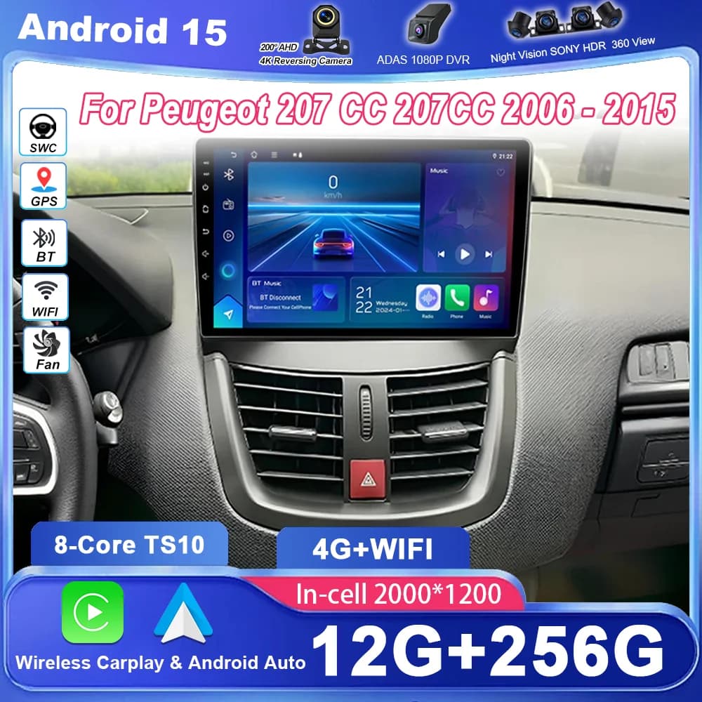 Android 15 Navigazione GPS Per Peugeot 207 CC 207CC 2006 2007 2008 2009-2015 Auto Radio Stereo Multimidia Lettore Carplay 2DIN