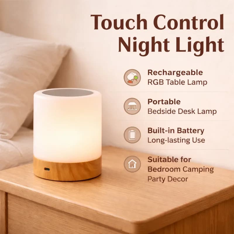 Lampada da Comodino RGB Touch Ricaricabile, Luce Notturna LED Dimmerabile a 16 Colori per Camera da Letto, Lampada Portatile da Scrivania e Campeggio