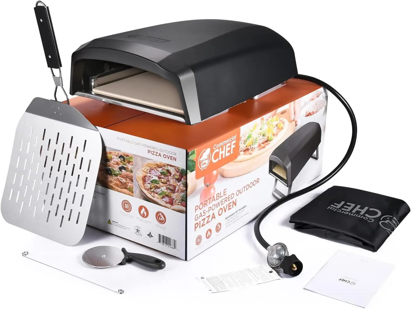 Outdoor Gas Pizza Oven - Portable Propane Pizza Maker with Door, Peel, Stone, Cutter, and Cover - L-Shaped Burner, Foldable Legs