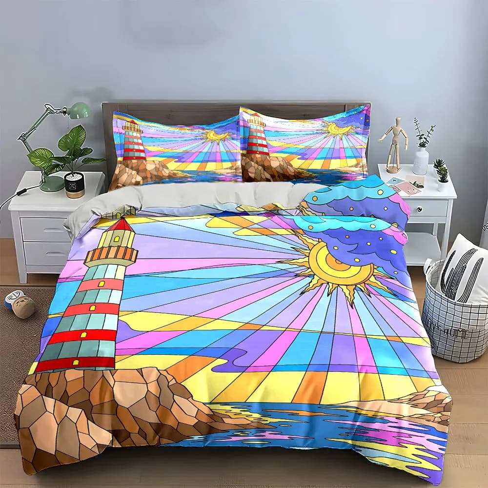 Set di biancheria da letto con decorazioni artistiche con scenario costiero e faro, con 1 copripiumino e 2 federe, singolo, matrimoniale, king, queen, regalo