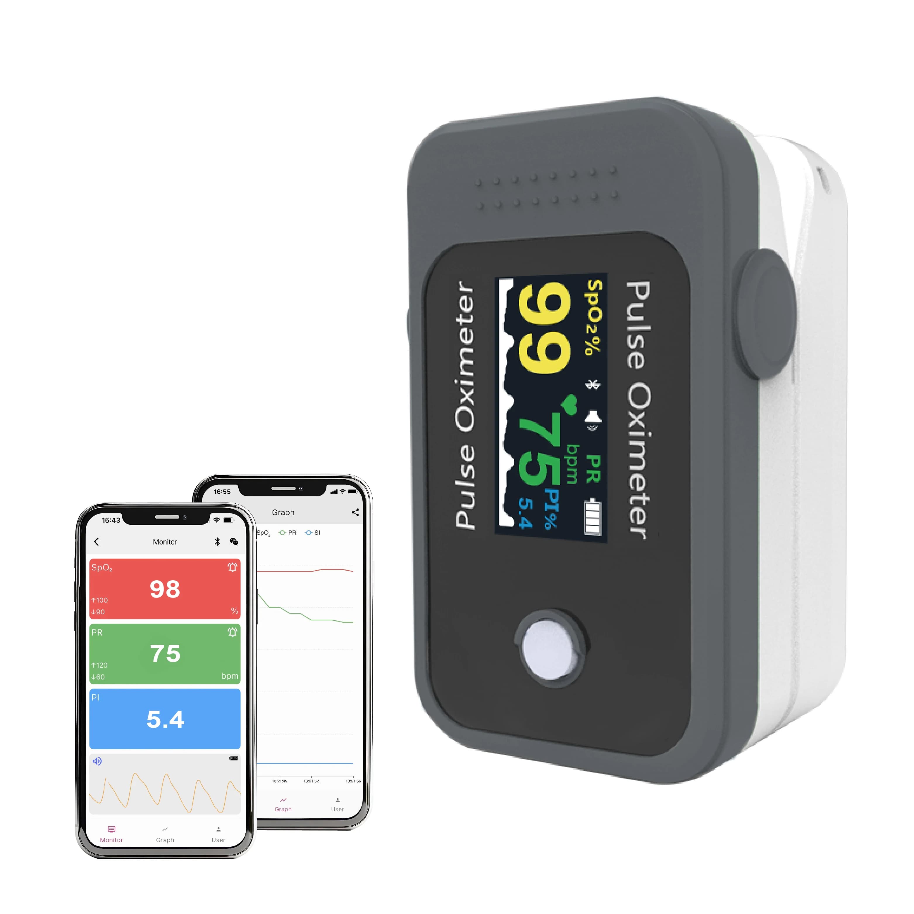 Bluetooth finger pulse oximeter, Digital Oxygen Saturation Monitor in Blood and Cardiac Frequency, with Digital Display and Alarm