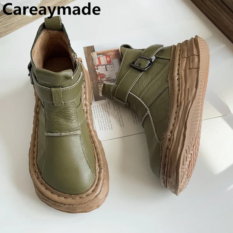 Careaymade-Stivali da donna con punta larga e suola spessa in vera pelle, scarpe casual fatte a mano, comodi e caldi stivaletti da donna in peluche
