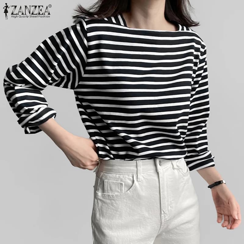 ZANZEA Women's Striped Casual Shirts, Springs, Long Sleeved, With Square Neck, Summer T-shirt, Comfortable for Every Day, Blusas de Mujer