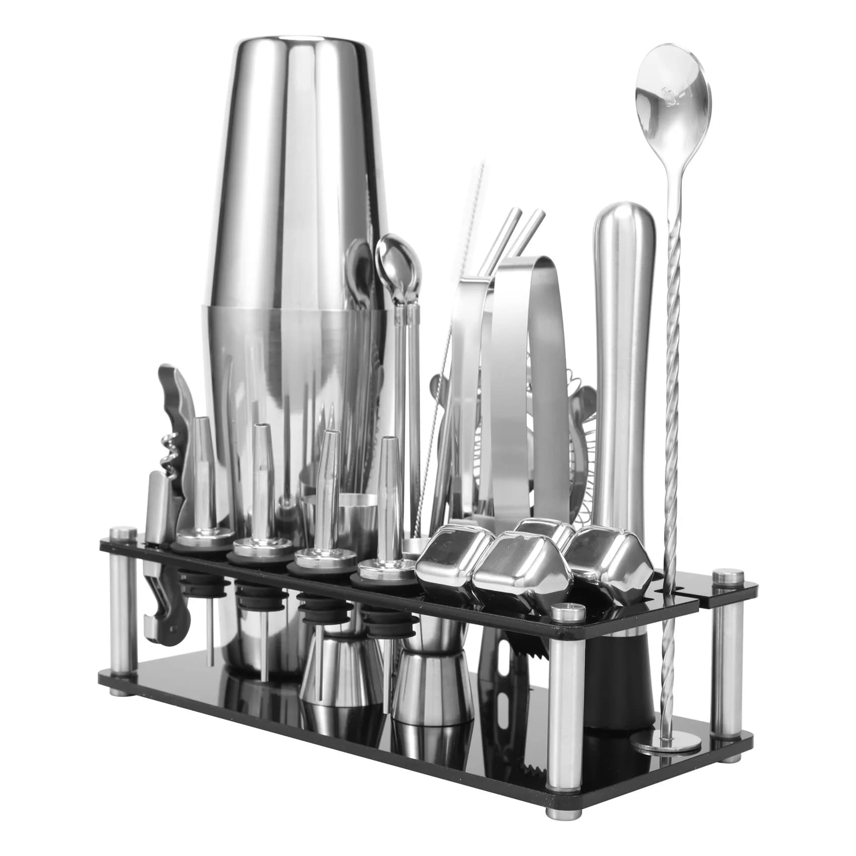 Nuovo set di shaker per cocktail, kit da barista in acciaio inossidabile Boston con supporto in acrilico e libretto di ricette per cocktail