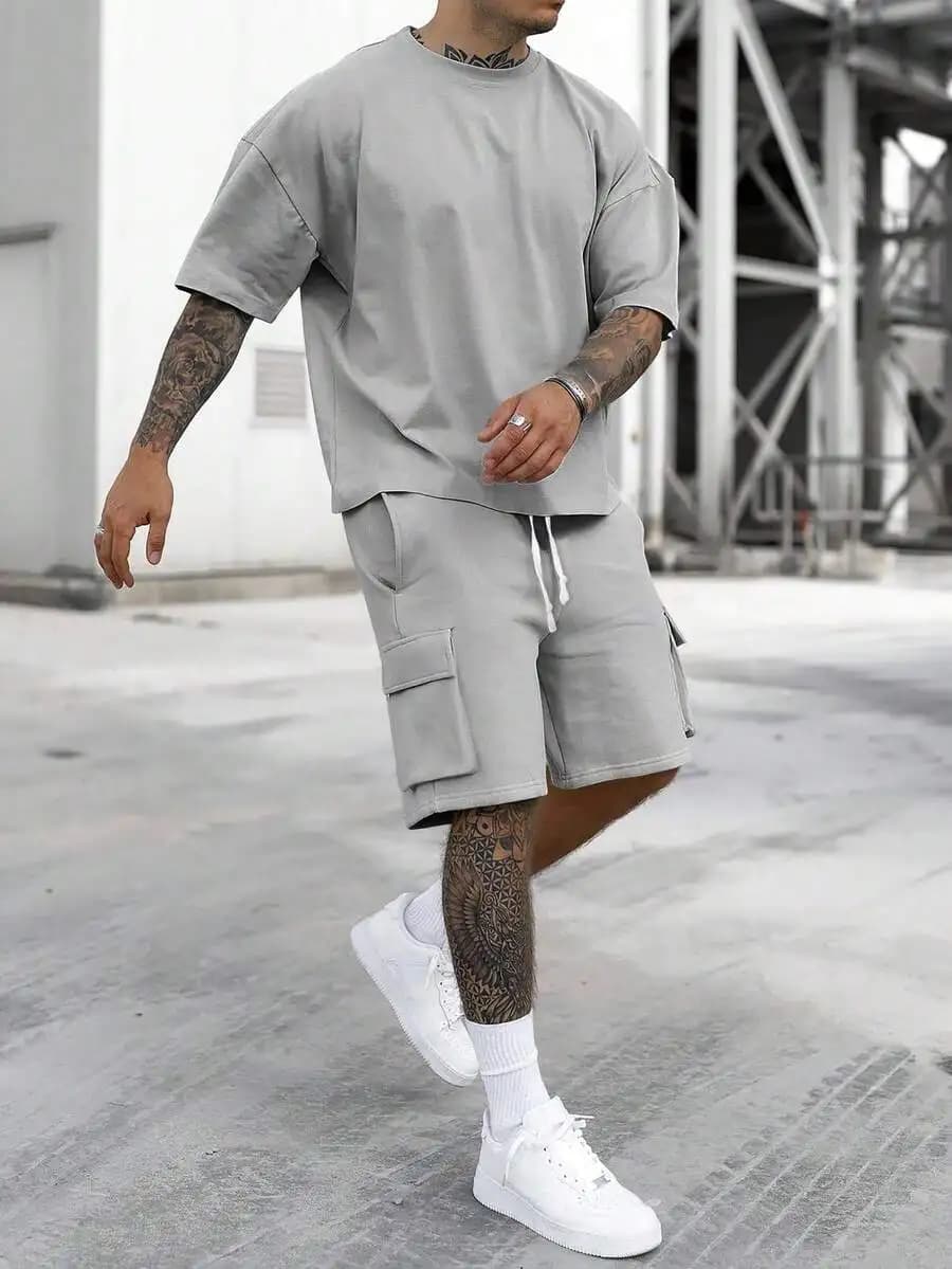 Manfinity Homme 2pcs Men's Solid Color Round Neck Loose Casual Short Sleeve T-Shirt And Shorts Set, Summer, Cozy Outfits