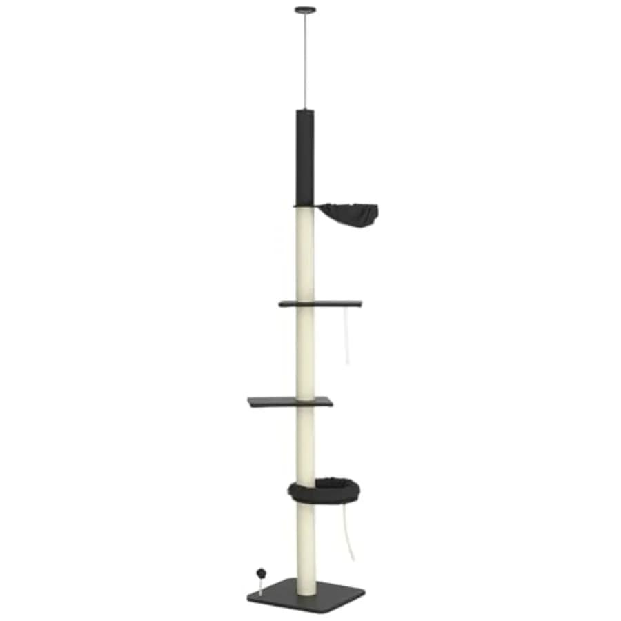 Albero per gatti da pavimento a soffitto per gatti da interno: torre da arrampicata a 5 livelli, altezza regolabile 95''-106'', grigio scuro e piattaforma imbottita in tessuto crema.