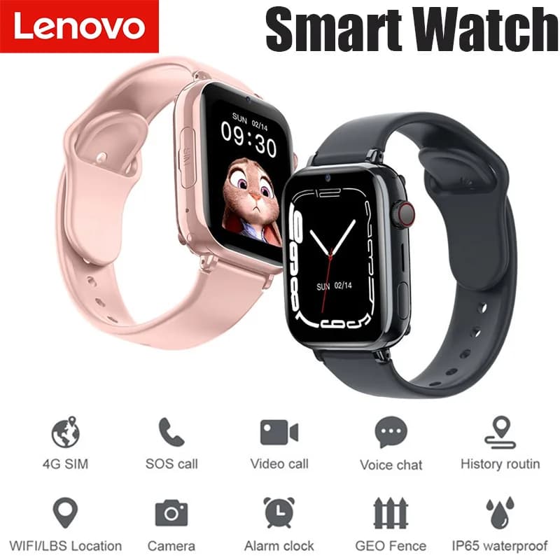 Lenovo Smartwatch 4G per Bambini con SIM, Chiamate, Fotocamera HD, Localizzazione GPS, SOS, Impermeabile IP67, Torcia LED, Regalo per Ragazzi e Ragazze