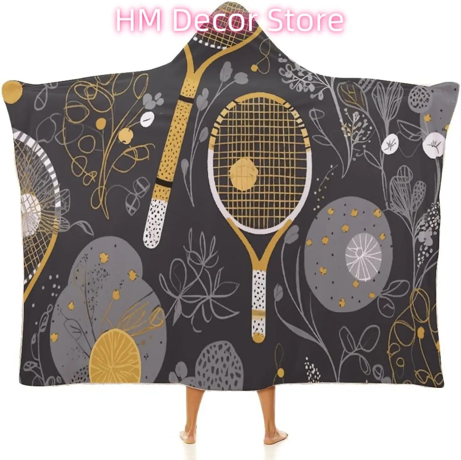Divertenti racchette da tennis e palline da tennis Coperta con cappuccio indossabile, mantello in velluto artico ultra morbido unisex - Accogliente indossabile in bianco
