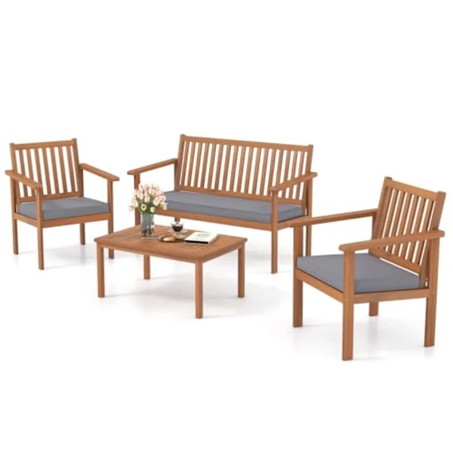 Garden Furniture Set in Acacia Wood with 4 Pieces with Sofa, Sofa, 2 Chairs, Table and cushions Soft for Exterior