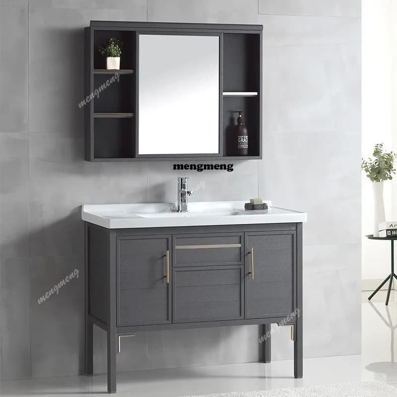 Set combinato di mobili da bagno in alluminio spaziale da terra a soffitto con specchio apribile e chiudibile e lavabo in ceramica integrato