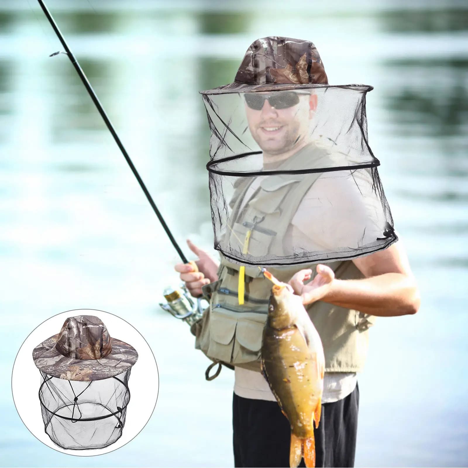 Cappello con Rete Anti-Zanzare per Esterni, Protezione Solare, Copricapo da Pesca, Camouflage con Foglie, Protezione Viso e Collo per Campeggio e Alpinismo