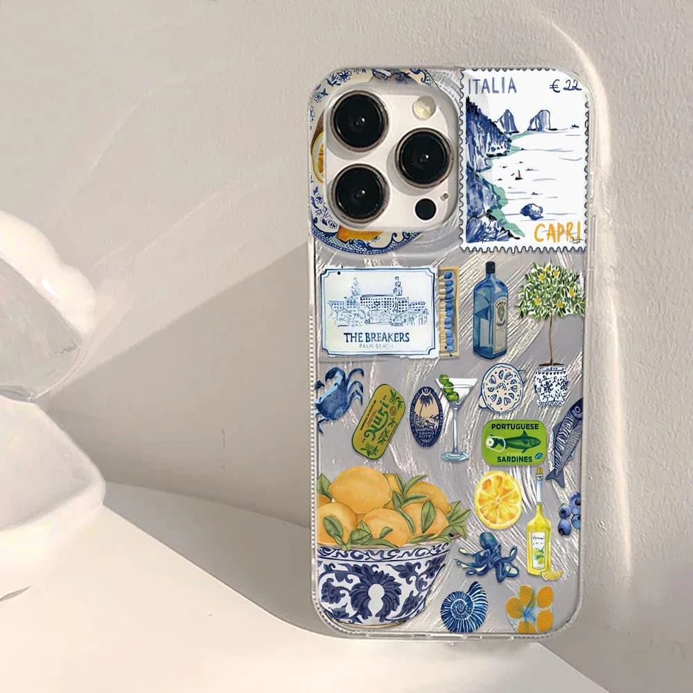 Italian Capri Island Sticker Phone Case, South France Mediterranean Lemon Blue Floral Collage Case for All iPhone Models