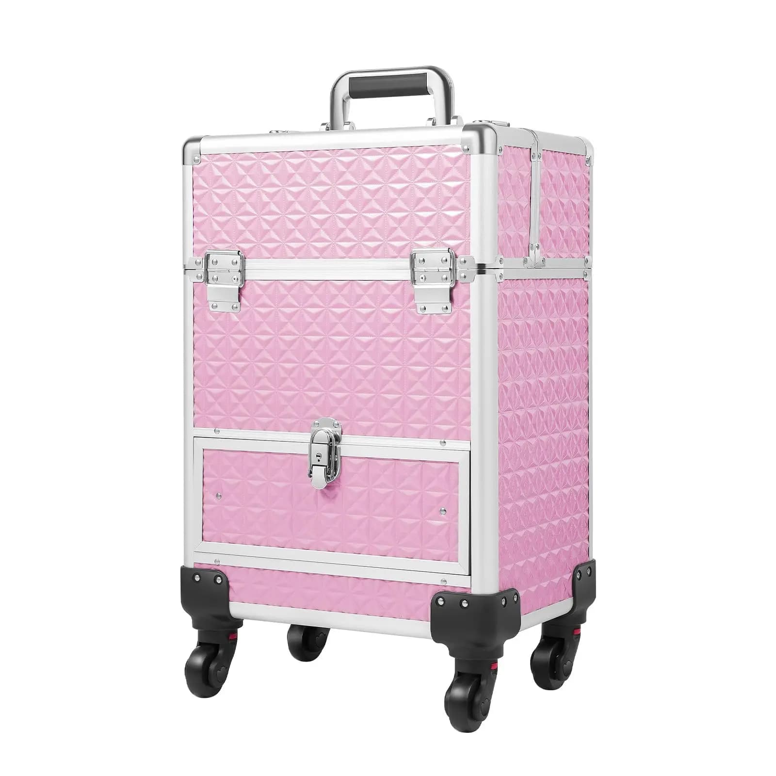 Custodia per trucco con rotelle in alluminio, custodia per trucco con carrello per cosmetici con cassetto per smalto con 4 ruote rimovibili, organo di stoccaggio