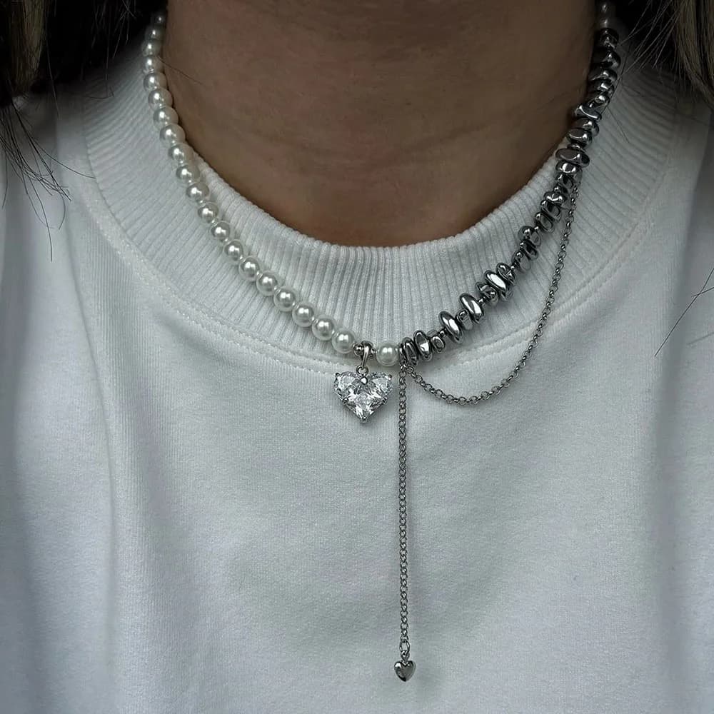 Nuova collana choker irregolare vintage con nappe e ciondolo a cuore in zirconi per donna, catena con perle bianche imitate, regalo di San Valentino