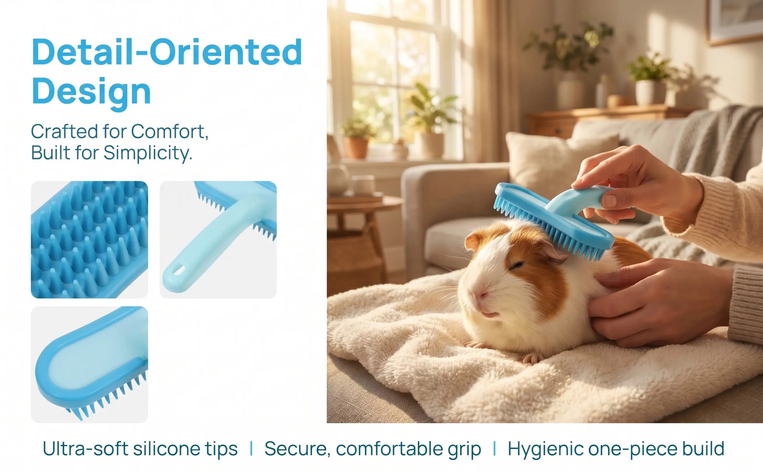 Rabbit Bunny Brush with Non-Slip Grip Ideal for Guinea Pig and Hamster Hair Removal Lightweight Silicone Pet Grooming Tool Blue