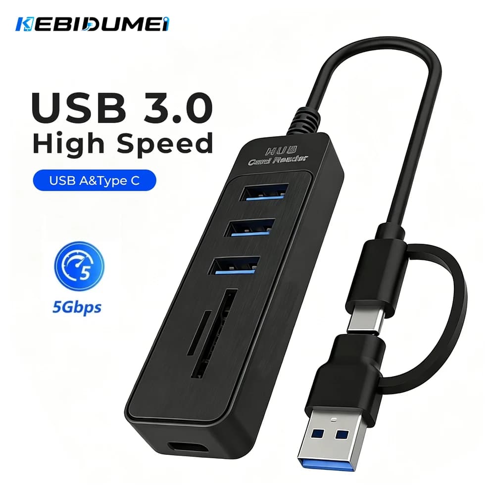 KEBIDUMEI 6-in-2 USB 3.0 HUB USB C Docking Station USB Splitter 5Gbps High Speed OTG Adapter SD TF Slot for PC Laptop Macbook