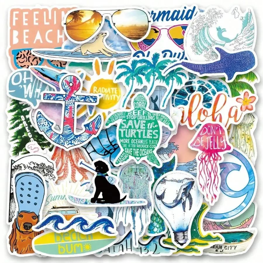 50 adesivi della collezione Beach Bundle, per scrapbooking fatto a mano, cartoni animati, bottiglie d'acqua, buste, decorazioni estetiche allegre
