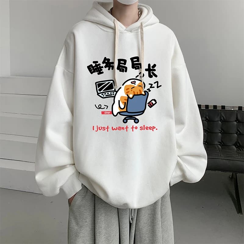 Men's Oversized Hoodie 5XL Black Hoodies Oversize for Men with Hat Anime Cat Print Man Casual Wear Hoody Male Sweatshirt
