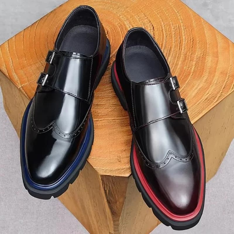 Scarpe Derby in Pelle Verniciata con Doppia Fibbia, Antiscivolo, Suola Spessa, Punta Quadrata, Scarpe Eleganti con Cinturino Monk, Scarpe Formali da Uomo