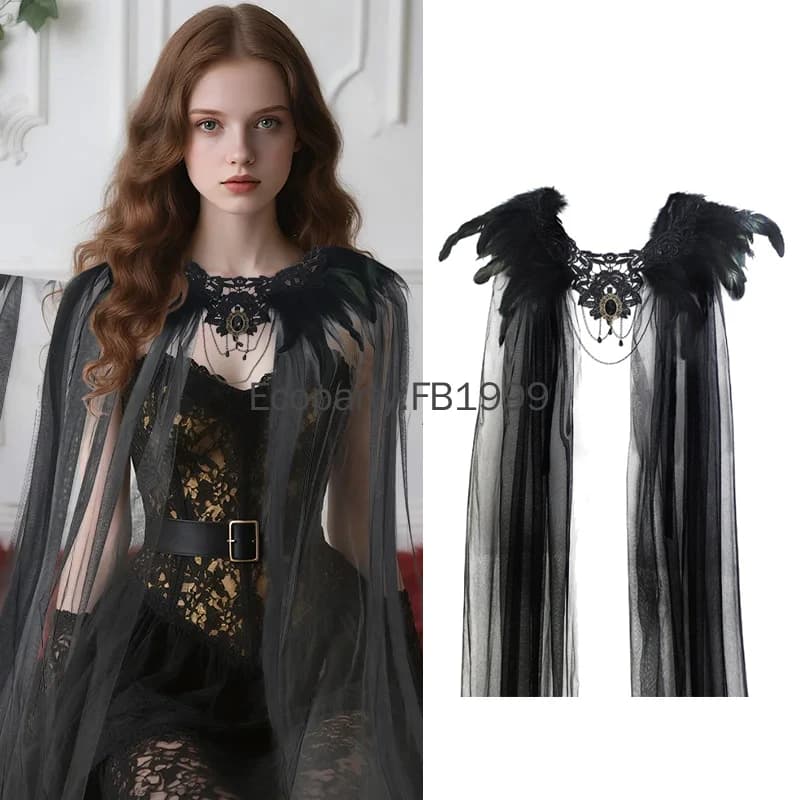 Nuovo mantello di filato di piume di regina medievale di Halloween per le donne Mantello di velo di spalla di maglia di tulle nero gotico da vampiro sposa cosplay