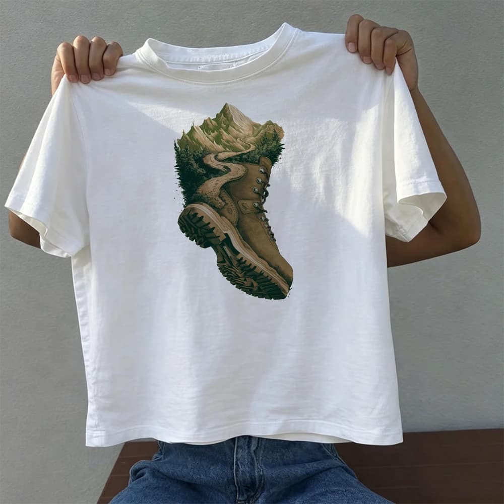Mountain Hiking Boot Forest Landscape Graphic Men T-shirt Outdoors Summer Workout Cotton Short Sleeve Unisex Daily Basic Top